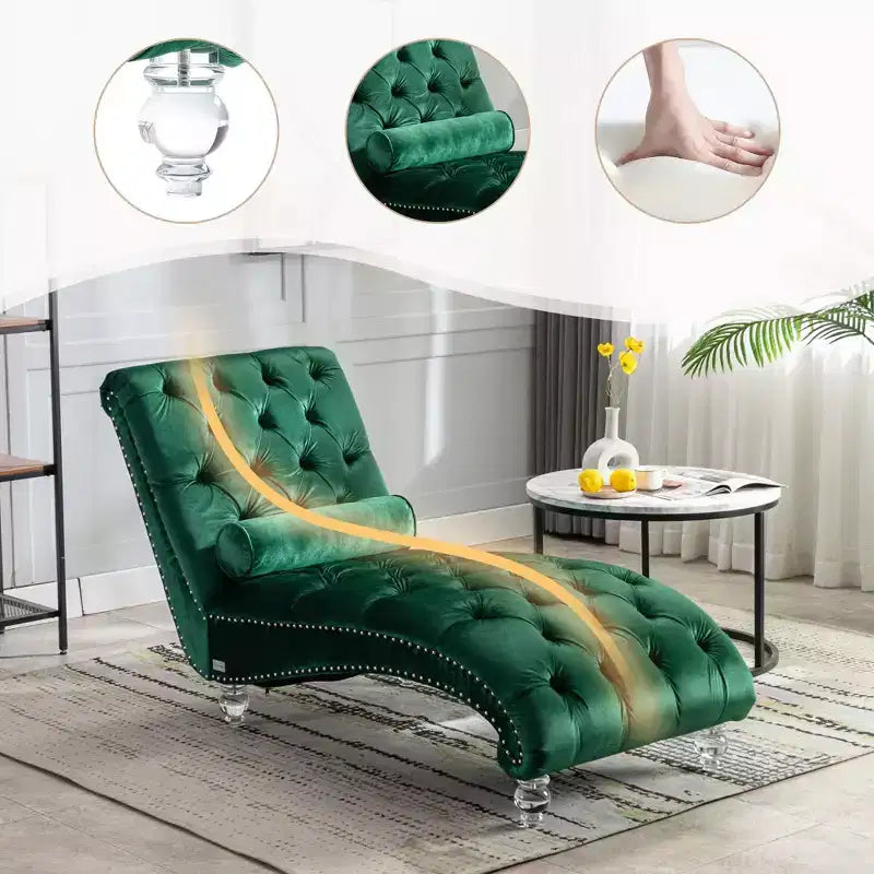 Okak Lussuosa Poltrona Chaise Longue in Velluto Trapuntato con Bottoni e Piedini Trasparenti, Comoda Poltrona Imbottita per Camera da Letto, Soggiorno, Ufficio