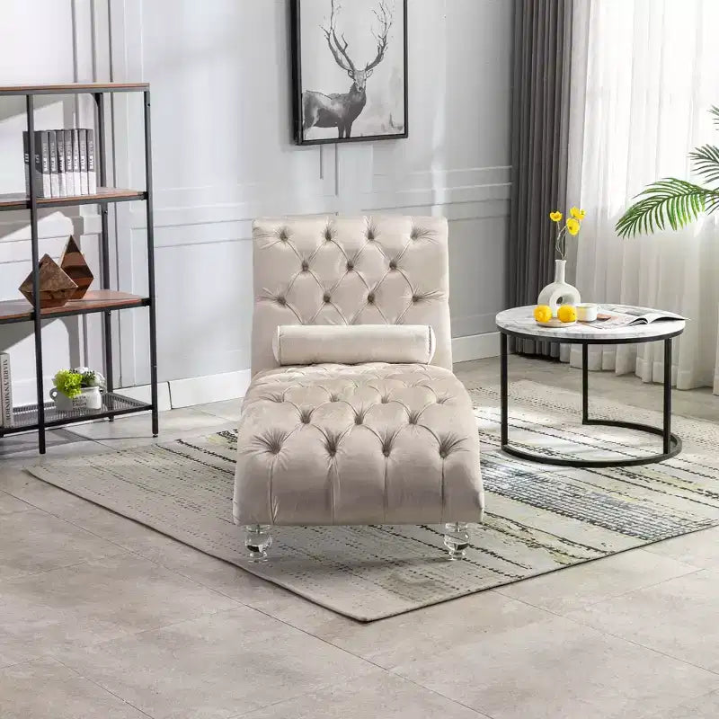 Okak Lussuosa Poltrona Chaise Longue in Velluto Trapuntato con Bottoni e Piedini Trasparenti, Comoda Poltrona Imbottita per Camera da Letto, Soggiorno, Ufficio