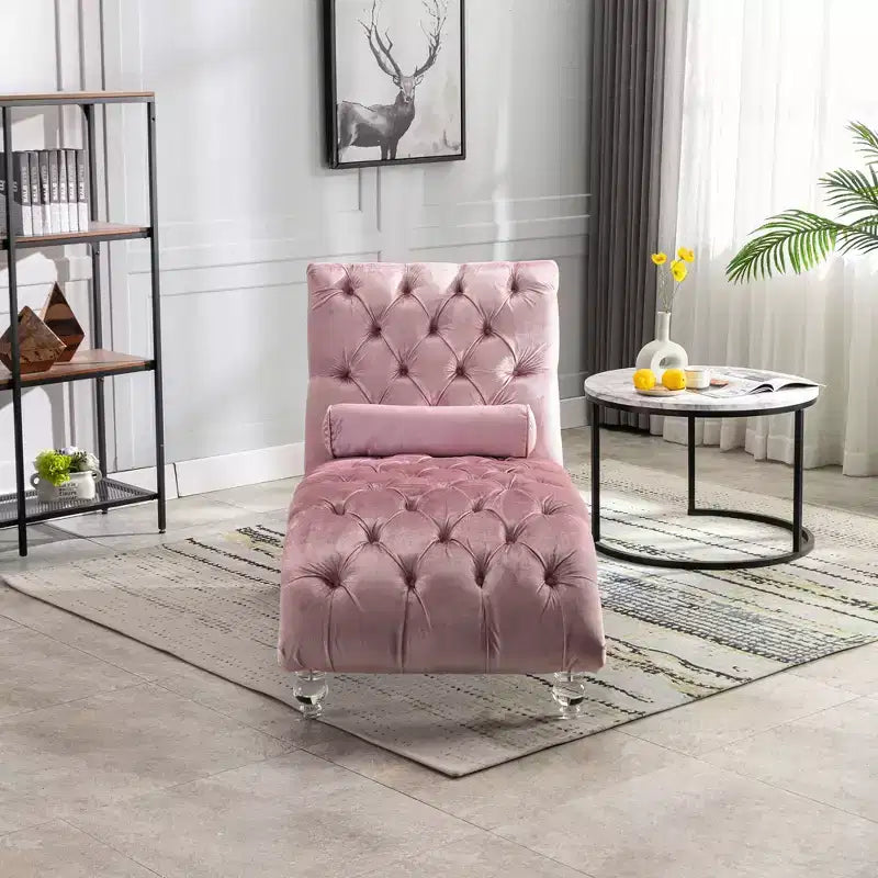 Okak Lussuosa Poltrona Chaise Longue in Velluto Trapuntato con Bottoni e Piedini Trasparenti, Comoda Poltrona Imbottita per Camera da Letto, Soggiorno, Ufficio
