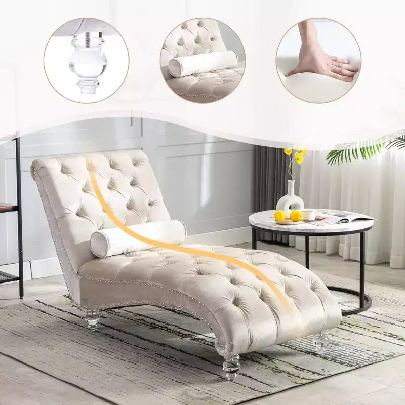 Okak Lussuosa Poltrona Chaise Longue in Velluto Trapuntato con Bottoni e Piedini Trasparenti, Comoda Poltrona Imbottita per Camera da Letto, Soggiorno, Ufficio