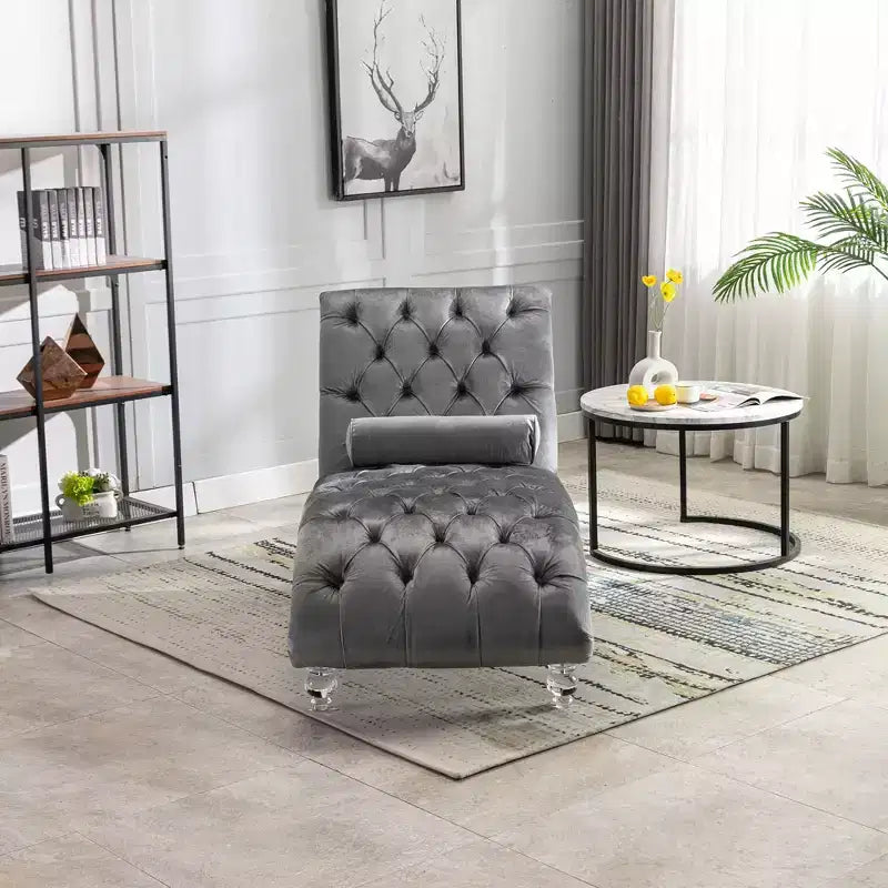 Okak Lussuosa Poltrona Chaise Longue in Velluto Trapuntato con Bottoni e Piedini Trasparenti, Comoda Poltrona Imbottita per Camera da Letto, Soggiorno, Ufficio