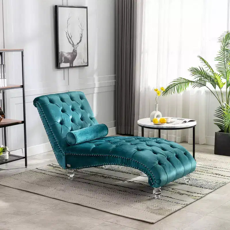 Okak Lussuosa Poltrona Chaise Longue in Velluto Trapuntato con Bottoni e Piedini Trasparenti, Comoda Poltrona Imbottita per Camera da Letto, Soggiorno, Ufficio