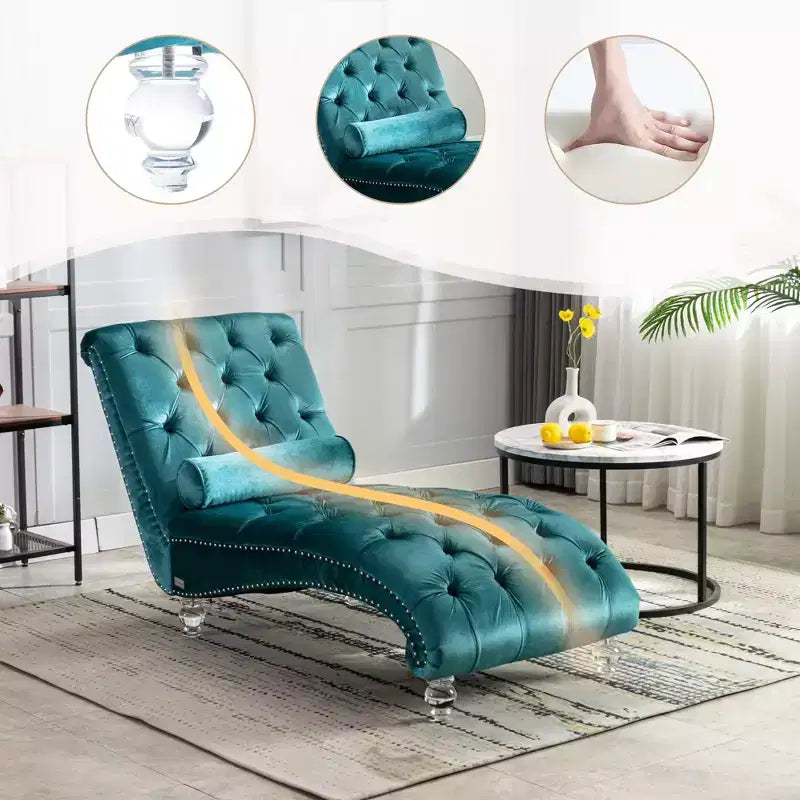 Okak Lussuosa Poltrona Chaise Longue in Velluto Trapuntato con Bottoni e Piedini Trasparenti, Comoda Poltrona Imbottita per Camera da Letto, Soggiorno, Ufficio