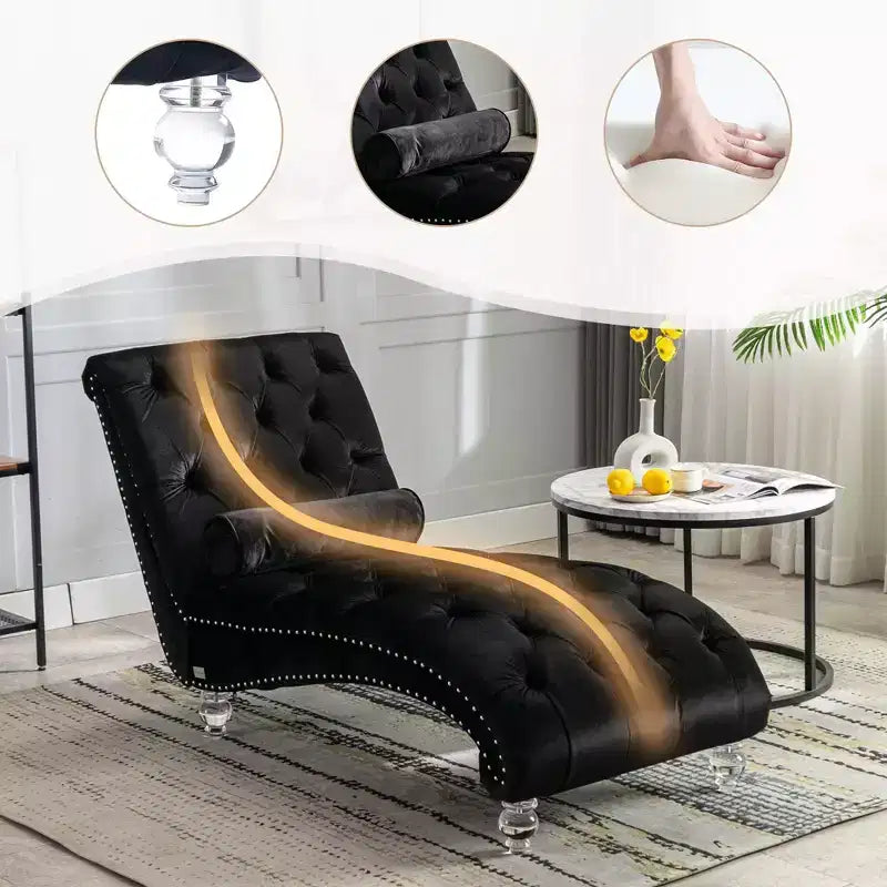 Okak Lussuosa Poltrona Chaise Longue in Velluto Trapuntato con Bottoni e Piedini Trasparenti, Comoda Poltrona Imbottita per Camera da Letto, Soggiorno, Ufficio
