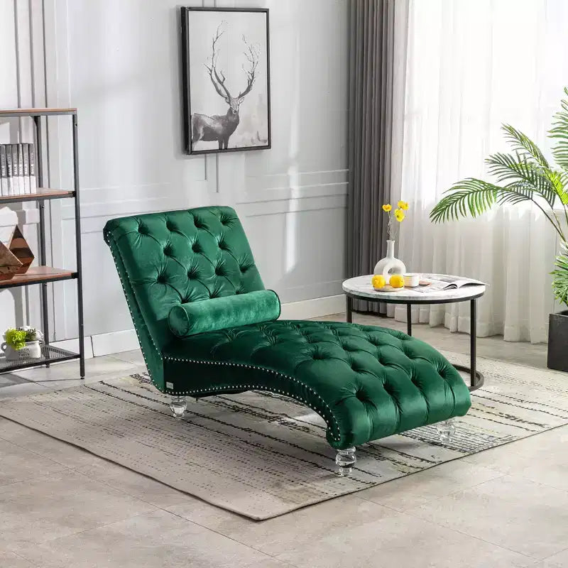 Okak Lussuosa Poltrona Chaise Longue in Velluto Trapuntato con Bottoni e Piedini Trasparenti, Comoda Poltrona Imbottita per Camera da Letto, Soggiorno, Ufficio