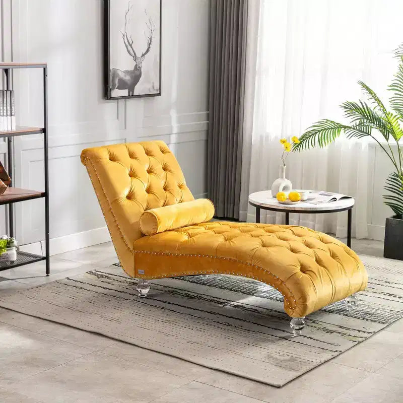 Okak Lussuosa Poltrona Chaise Longue in Velluto Trapuntato con Bottoni e Piedini Trasparenti, Comoda Poltrona Imbottita per Camera da Letto, Soggiorno, Ufficio