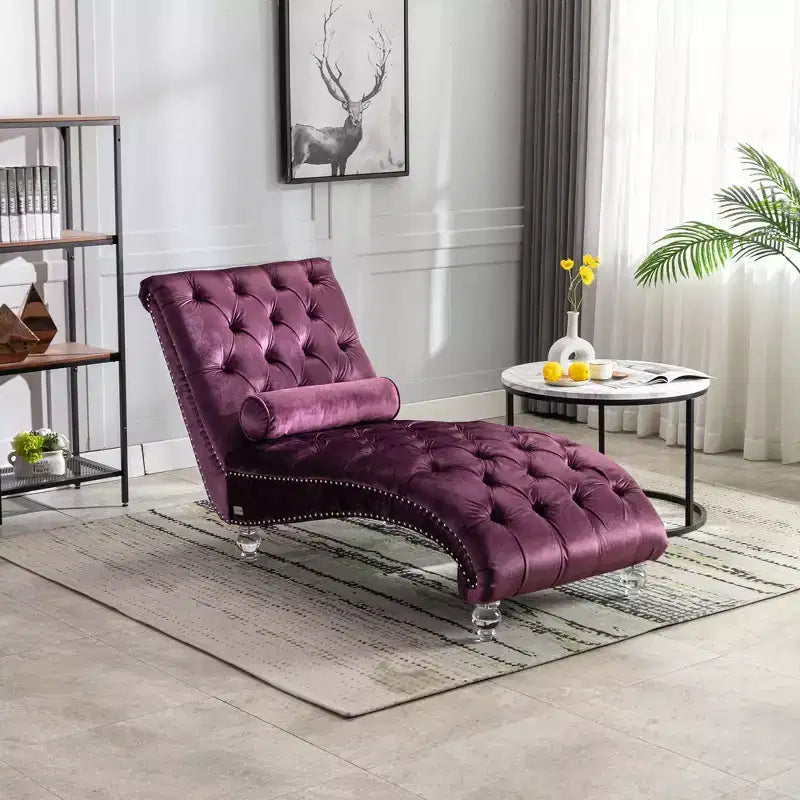 Okak Lussuosa Poltrona Chaise Longue in Velluto Trapuntato con Bottoni e Piedini Trasparenti, Comoda Poltrona Imbottita per Camera da Letto, Soggiorno, Ufficio