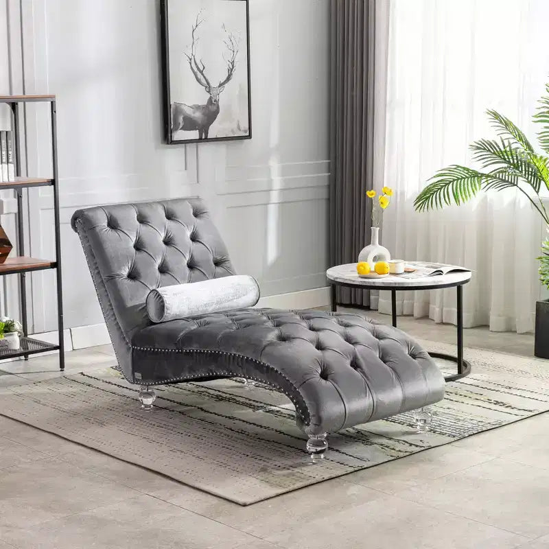 Okak Lussuosa Poltrona Chaise Longue in Velluto Trapuntato con Bottoni e Piedini Trasparenti, Comoda Poltrona Imbottita per Camera da Letto, Soggiorno, Ufficio