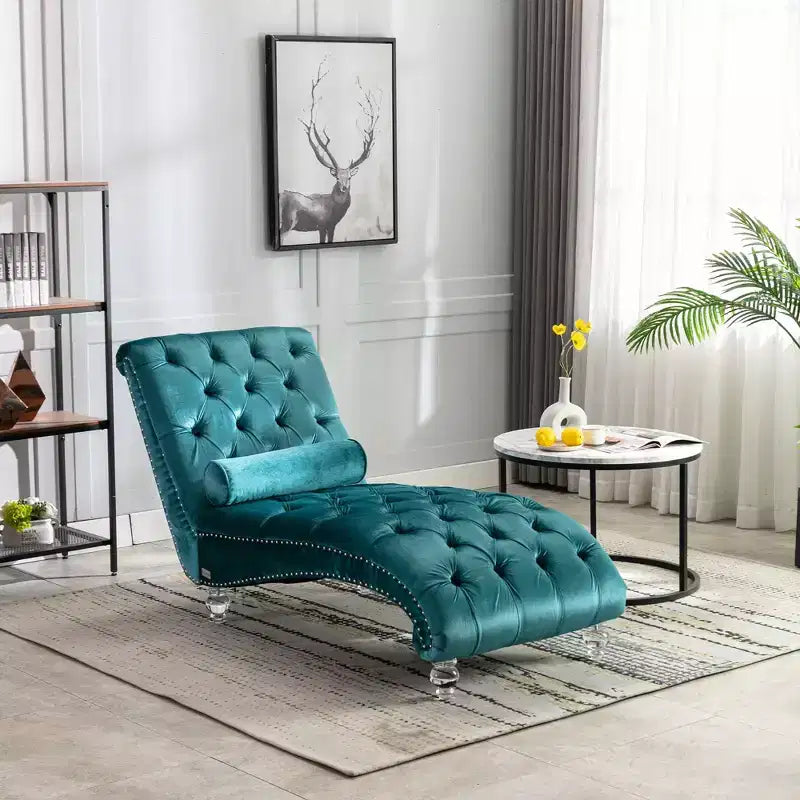 Okak Lussuosa Poltrona Chaise Longue in Velluto Trapuntato con Bottoni e Piedini Trasparenti, Comoda Poltrona Imbottita per Camera da Letto, Soggiorno, Ufficio