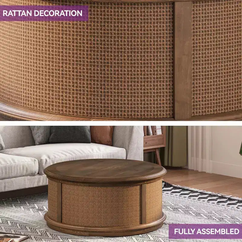 Tavolino da caffè/comodino/tavolino rotondo in rattan con coperchio sollevabile e spazio contenitore per soggiorno