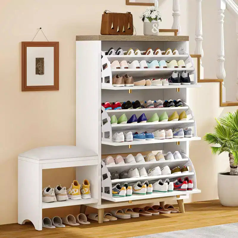 3 Flip Drawers Shoe Rack Bench Wood Storage Standing Cabinet Organizer Entryway