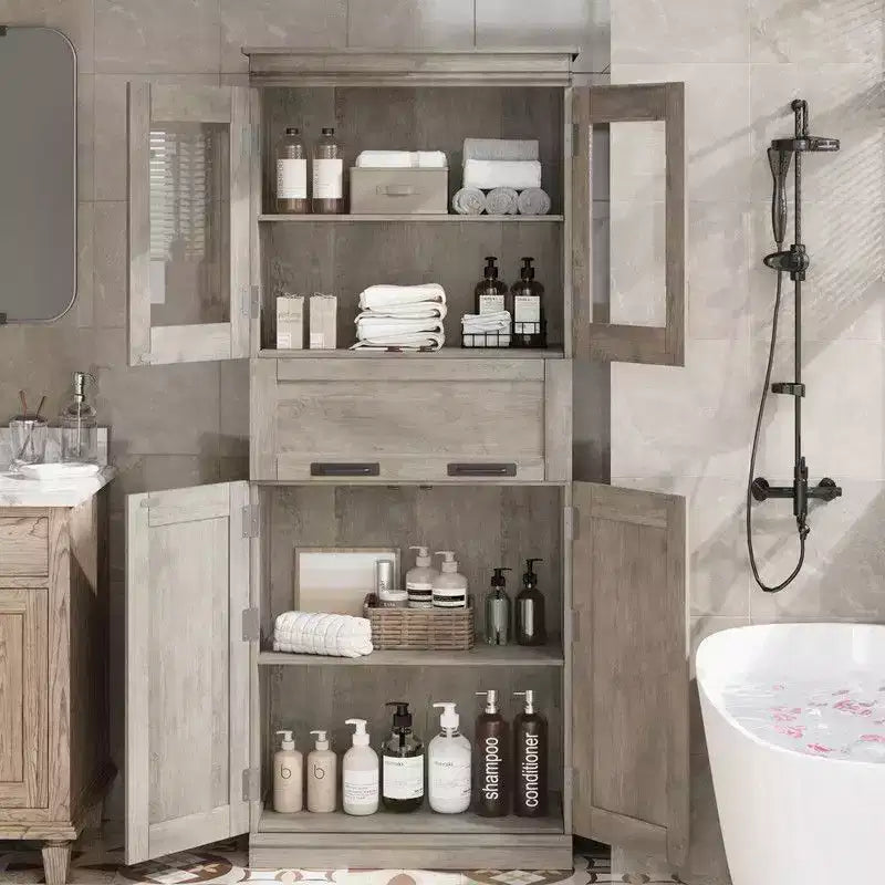 Coolmee Mobile Alto da Bagno da 170 cm con 4 Ante e Cassetto a Scomparsa in Vetro, Mobile Contenitore con Ripiani Regolabili, Organizzatore Autoportante per la Casa