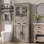 Coolmee Mobile Alto da Bagno da 170 cm con 4 Ante e Cassetto a Scomparsa in Vetro, Mobile Contenitore con Ripiani Regolabili, Organizzatore Autoportante per la Casa
