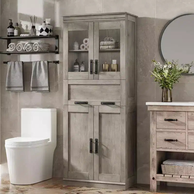Coolmee Mobile Alto da Bagno da 170 cm con 4 Ante e Cassetto a Scomparsa in Vetro, Mobile Contenitore con Ripiani Regolabili, Organizzatore Autoportante per la Casa
