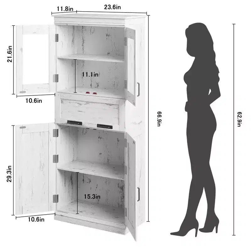 Coolmee Mobile Alto da Bagno da 170 cm con 4 Ante e Cassetto a Scomparsa in Vetro, Mobile Contenitore con Ripiani Regolabili, Organizzatore Autoportante per la Casa