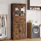 Coolmee Mobile Alto da Bagno da 170 cm con 4 Ante e Cassetto a Scomparsa in Vetro, Mobile Contenitore con Ripiani Regolabili, Organizzatore Autoportante per la Casa
