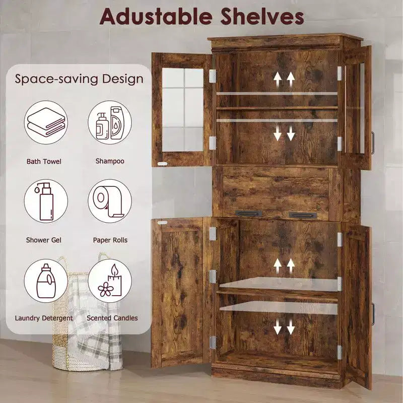 Coolmee Mobile Alto da Bagno da 170 cm con 4 Ante e Cassetto a Scomparsa in Vetro, Mobile Contenitore con Ripiani Regolabili, Organizzatore Autoportante per la Casa
