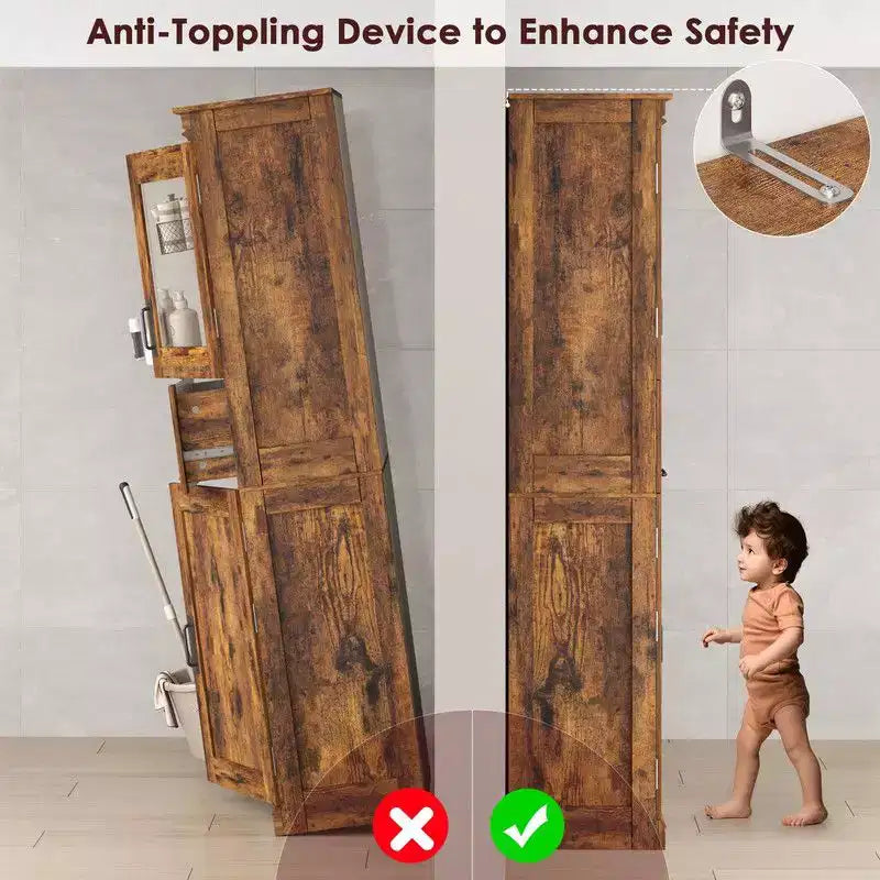 Coolmee Mobile Alto da Bagno da 170 cm con 4 Ante e Cassetto a Scomparsa in Vetro, Mobile Contenitore con Ripiani Regolabili, Organizzatore Autoportante per la Casa