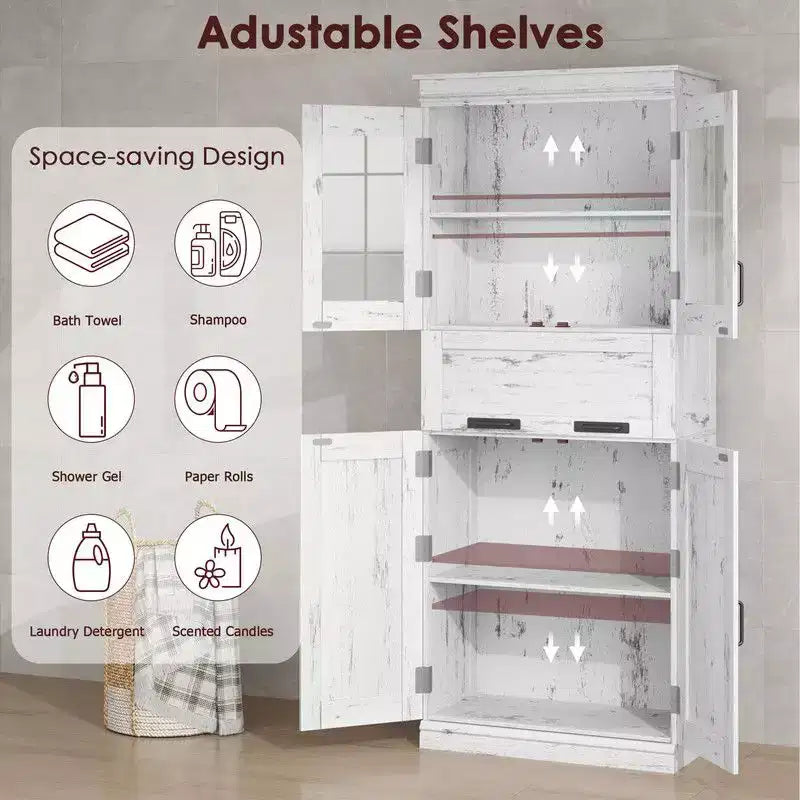 Coolmee Mobile Alto da Bagno da 170 cm con 4 Ante e Cassetto a Scomparsa in Vetro, Mobile Contenitore con Ripiani Regolabili, Organizzatore Autoportante per la Casa