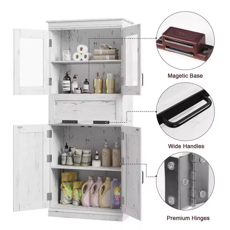Coolmee Mobile Alto da Bagno da 170 cm con 4 Ante e Cassetto a Scomparsa in Vetro, Mobile Contenitore con Ripiani Regolabili, Organizzatore Autoportante per la Casa