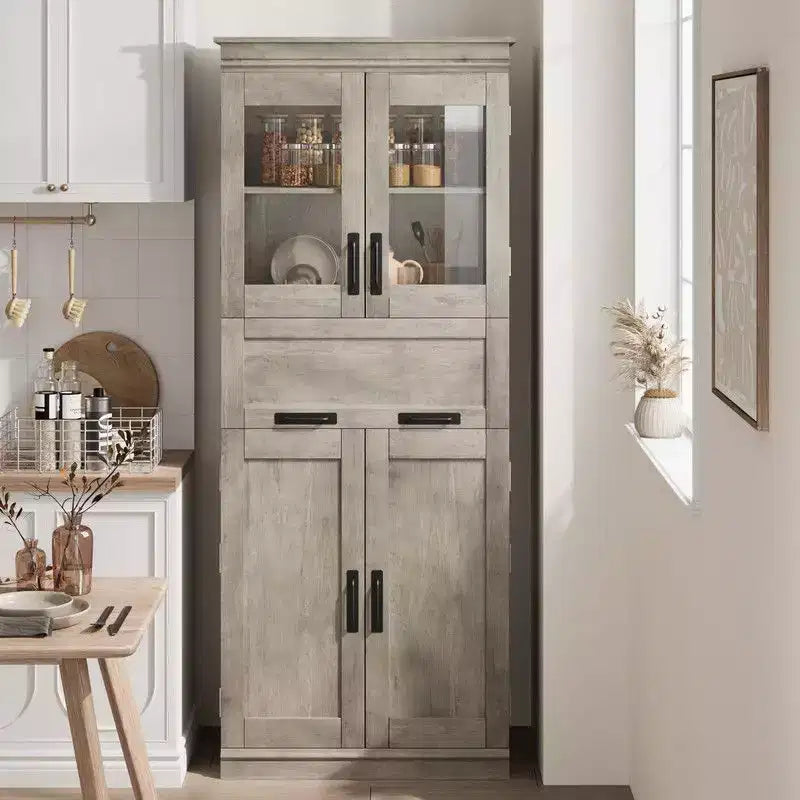 Coolmee Mobile Alto da Bagno da 170 cm con 4 Ante e Cassetto a Scomparsa in Vetro, Mobile Contenitore con Ripiani Regolabili, Organizzatore Autoportante per la Casa