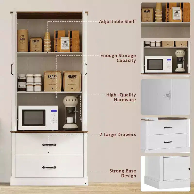 Coolmee Mobile dispensa da cucina con ante scorrevoli alla rustica, cassetto e 2 ripiani regolabili, Credenza alta indipendente con porta microonde