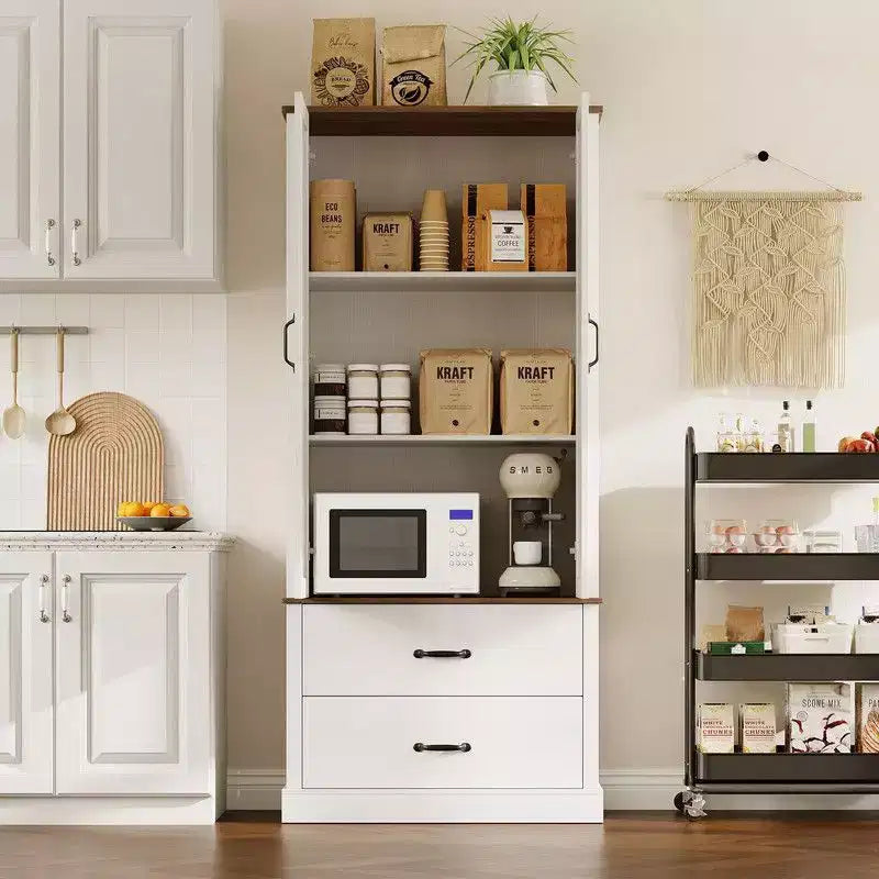 Coolmee Mobile dispensa da cucina con ante scorrevoli alla rustica, cassetto e 2 ripiani regolabili, Credenza alta indipendente con porta microonde