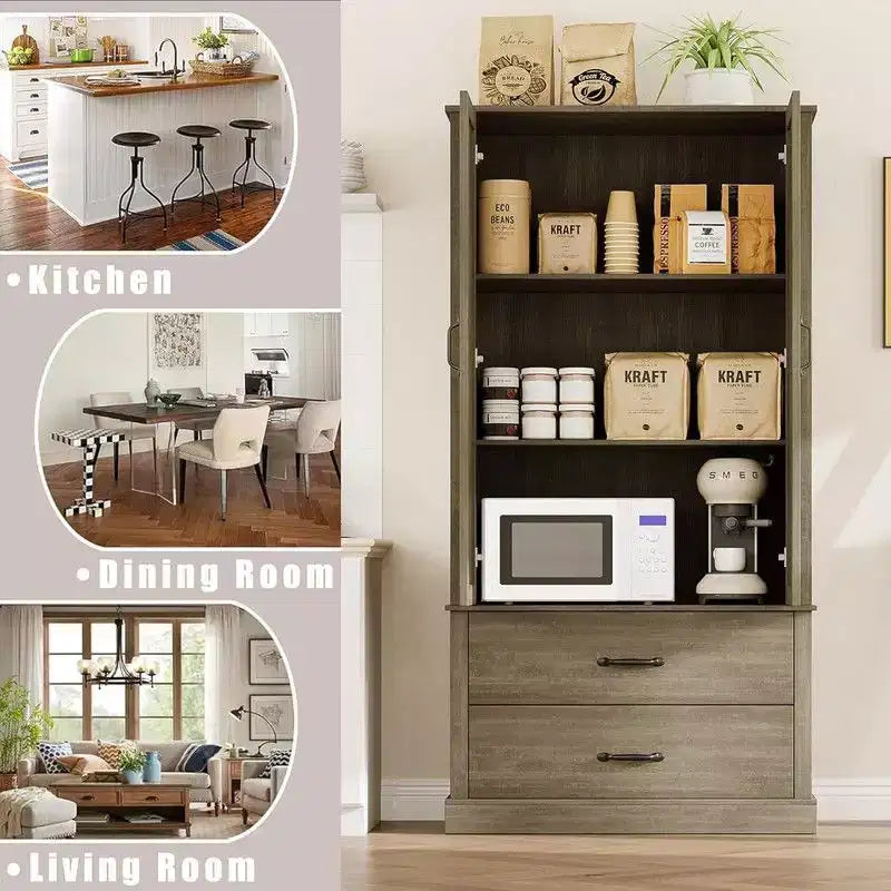 Coolmee Mobile dispensa da cucina con ante scorrevoli alla rustica, cassetto e 2 ripiani regolabili, Credenza alta indipendente con porta microonde