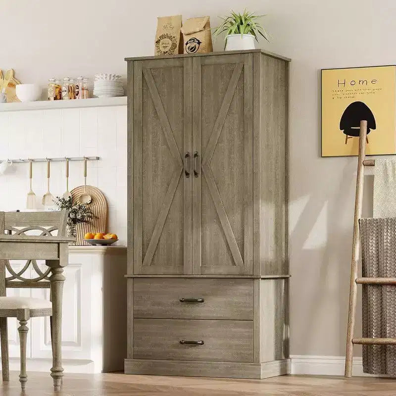 Coolmee Mobile dispensa da cucina con ante scorrevoli alla rustica, cassetto e 2 ripiani regolabili, Credenza alta indipendente con porta microonde