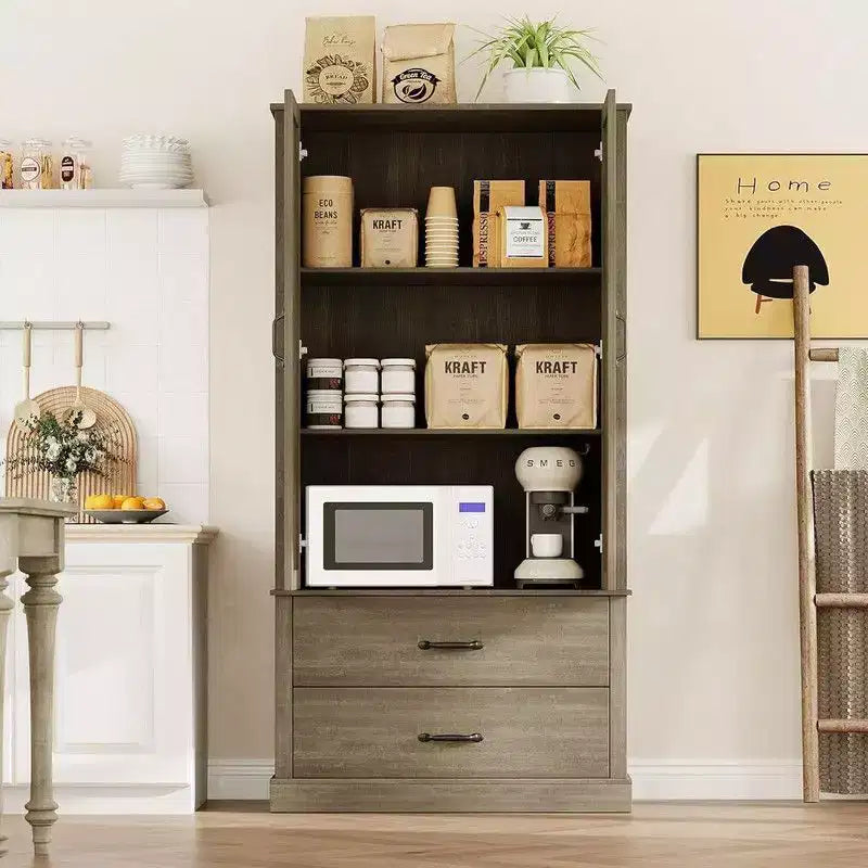 Coolmee Mobile dispensa da cucina con ante scorrevoli alla rustica, cassetto e 2 ripiani regolabili, Credenza alta indipendente con porta microonde