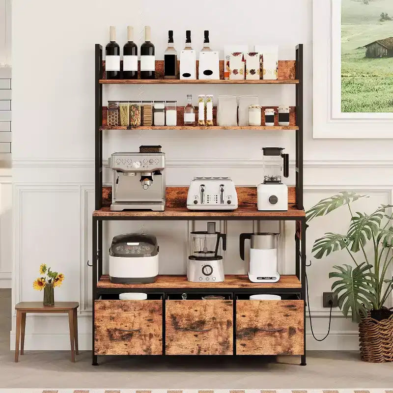 Rustic Industrial Kitchen Cart with Wood Shelves and Storage Drawers, Multifunctional Appliance Organizer for Small Spaces