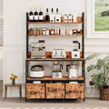 Rustic Industrial Kitchen Cart with Wood Shelves and Storage Drawers, Multifunctional Appliance Organizer for Small Spaces