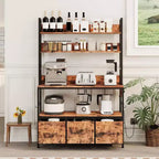Rustic Industrial Kitchen Cart with Wood Shelves and Storage Drawers, Multifunctional Appliance Organizer for Small Spaces