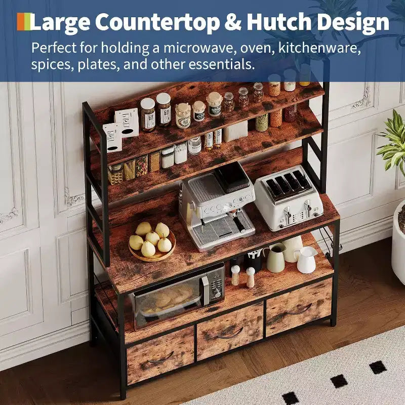 Carrello da Cucina Rustico Industriale con Ripiani in Legno e Cassetti Contenitori, Organizer Multifunzione per Elettrodomestici per Piccoli Spazi