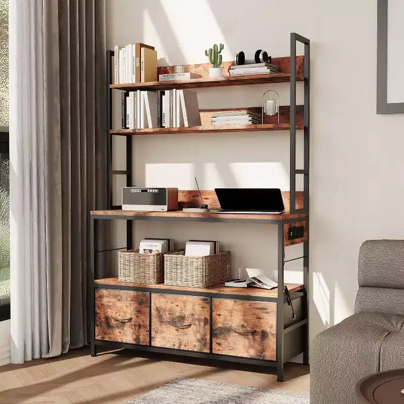 Carrello da Cucina Rustico Industriale con Ripiani in Legno e Cassetti Contenitori, Organizer Multifunzione per Elettrodomestici per Piccoli Spazi