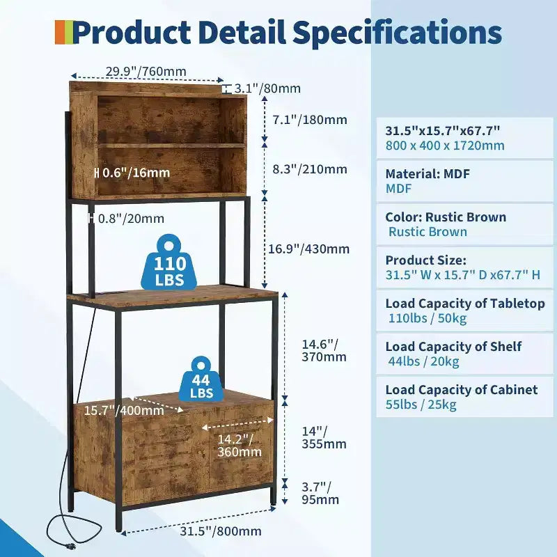 Carrello da Cucina Rustico Industriale con Ripiani in Legno e Armadietto Contenitore, Organizer Multifunzionale per Elettrodomestici per Piccoli Spazi