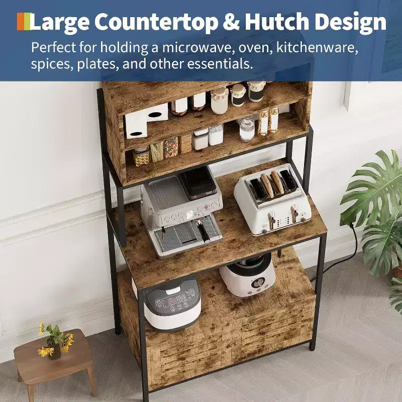 Carrello da Cucina Rustico Industriale con Ripiani in Legno e Armadietto Contenitore, Organizer Multifunzionale per Elettrodomestici per Piccoli Spazi