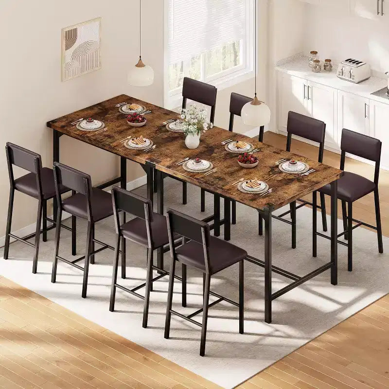 COZONY Set Tavolo da Pranzo 5 Pezzi con Tavolo a Altezza Bancone e 4 Sgabelli da Bar Imbottiti, Poggiapiedi e Protezione Angolare