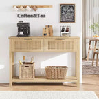 Consolle con scanalature e due cassetti, Tavolo d'accento per ingresso, Tavolo da divano in legno per soggiorno, atrio e corridoio, Espositore contenitore