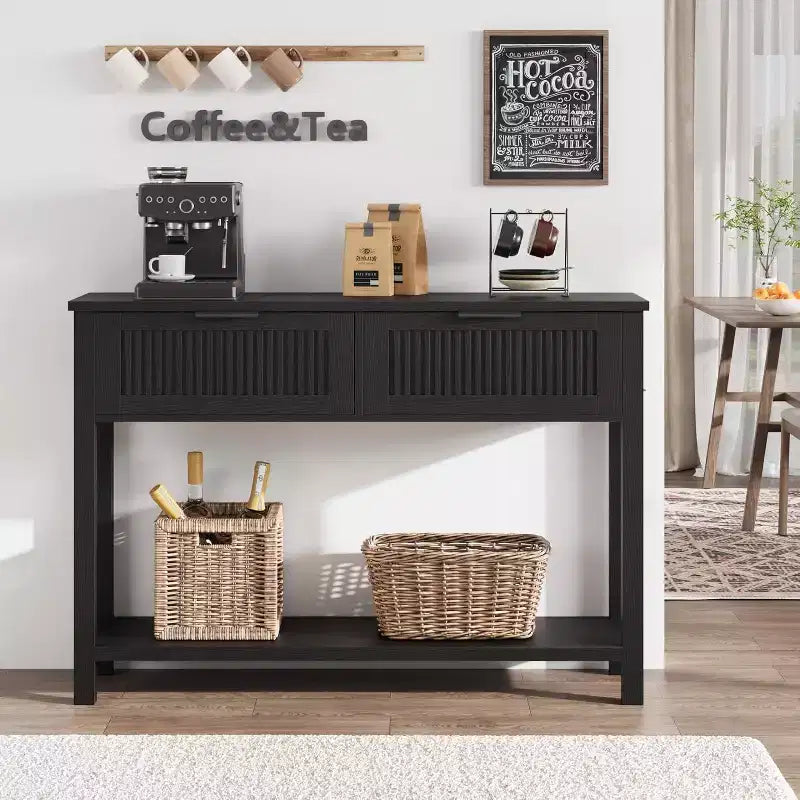 Consolle con scanalature e due cassetti, Tavolo d'accento per ingresso, Tavolo da divano in legno per soggiorno, atrio e corridoio, Espositore contenitore