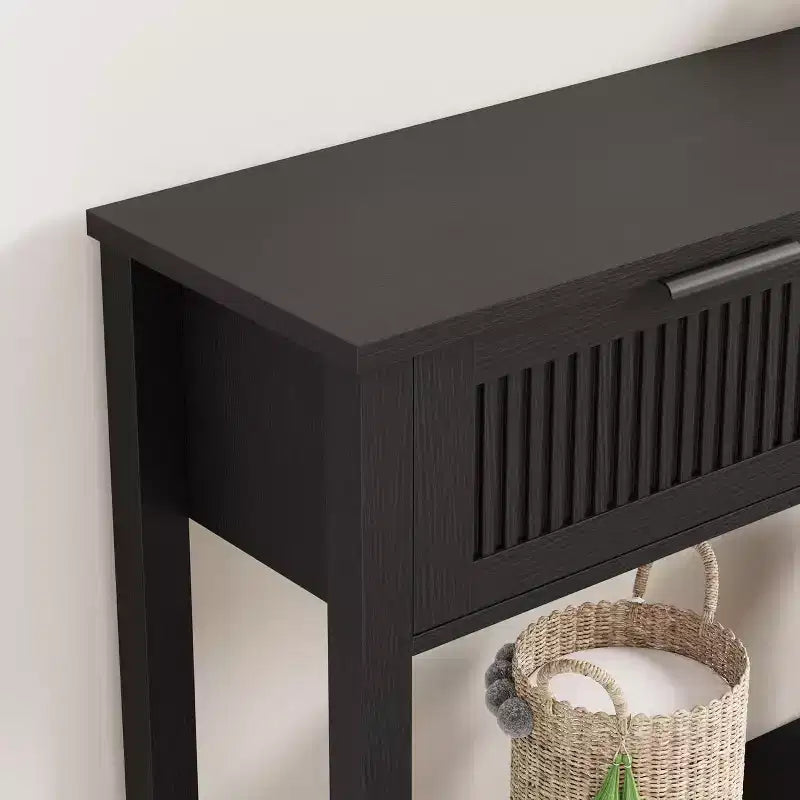 Consolle con scanalature e due cassetti, Tavolo d'accento per ingresso, Tavolo da divano in legno per soggiorno, atrio e corridoio, Espositore contenitore