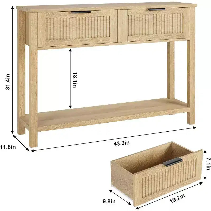 Consolle con scanalature e due cassetti, Tavolo d'accento per ingresso, Tavolo da divano in legno per soggiorno, atrio e corridoio, Espositore contenitore