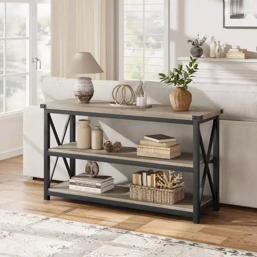 47-Inch Industrial Console Table with 3 Storage Shelves, Long Rectangular Entryway Table, Sofa Table for Hallway, Living Room, Bedroom