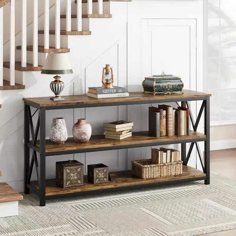 Console industriale da 47 pollici con 3 ripiani aperti, tavolo da ingresso e da divano lungo, scaffale stretto per corridoio, soggiorno, camera da letto