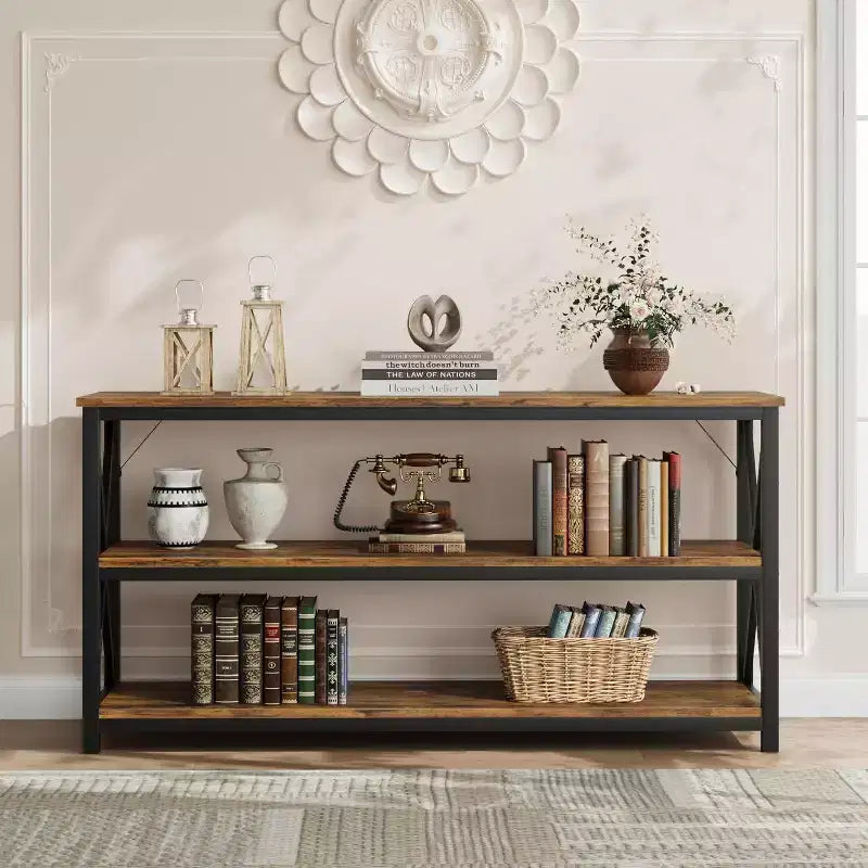 Console industriale da 47 pollici con 3 ripiani aperti, tavolo da ingresso e da divano lungo, scaffale stretto per corridoio, soggiorno, camera da letto