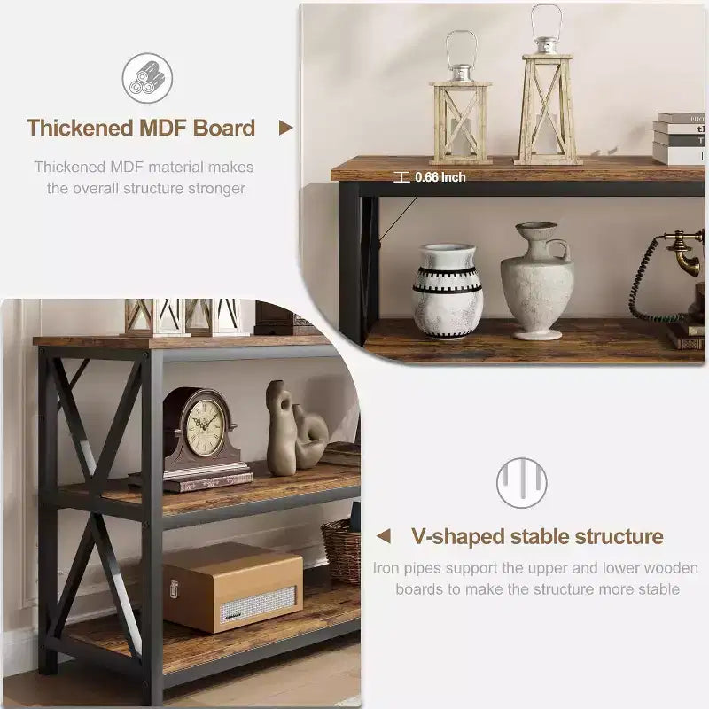 Console industriale da 47 pollici con 3 ripiani aperti, tavolo da ingresso e da divano lungo, scaffale stretto per corridoio, soggiorno, camera da letto