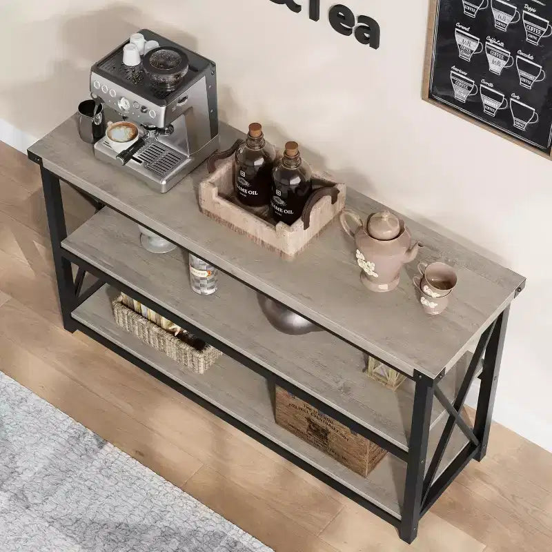 Console industriale da 47 pollici con 3 ripiani aperti, tavolo da ingresso e da divano lungo, scaffale stretto per corridoio, soggiorno, camera da letto