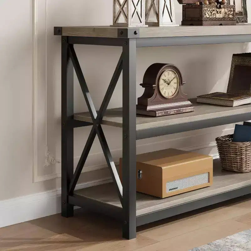 Console industriale da 47 pollici con 3 ripiani aperti, tavolo da ingresso e da divano lungo, scaffale stretto per corridoio, soggiorno, camera da letto