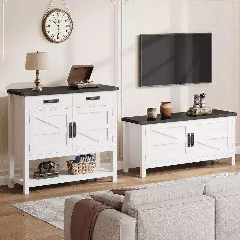 Consolle Rustica con Mobile Contenitore, 2 Ante e 2 Cassetti, Tavolo Buffet Multifunzionale per Ingresso, Cucina, Soggiorno