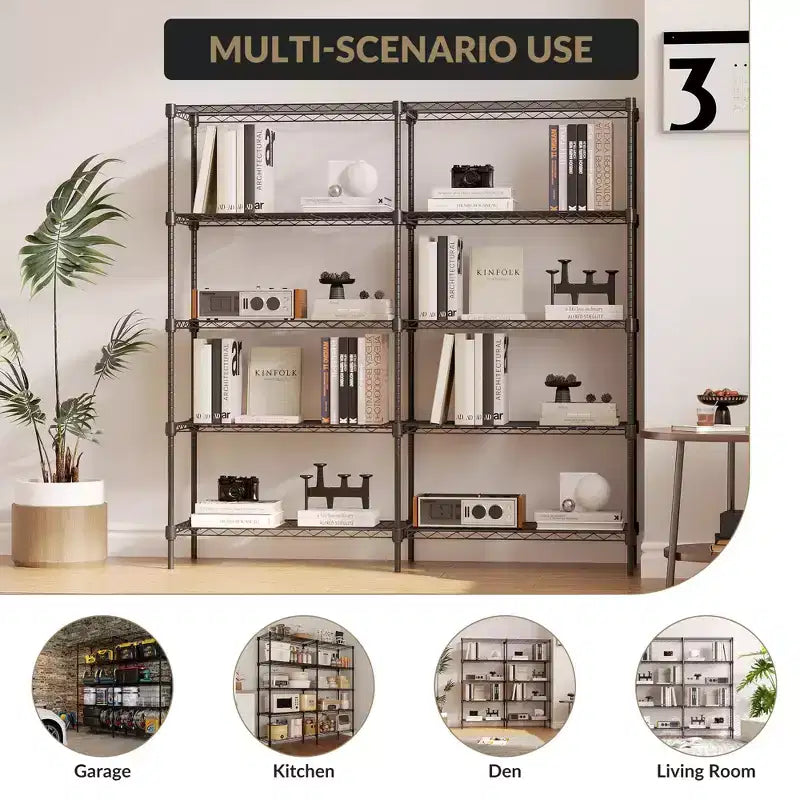 CuisinSmart Scaffali Portaoggetti a 5 Ripiani in Filo Metallico, Scaffalature Metalliche Regolabili per Conservazione, Scaffalature per Garage Dispensa Cucina, Nero